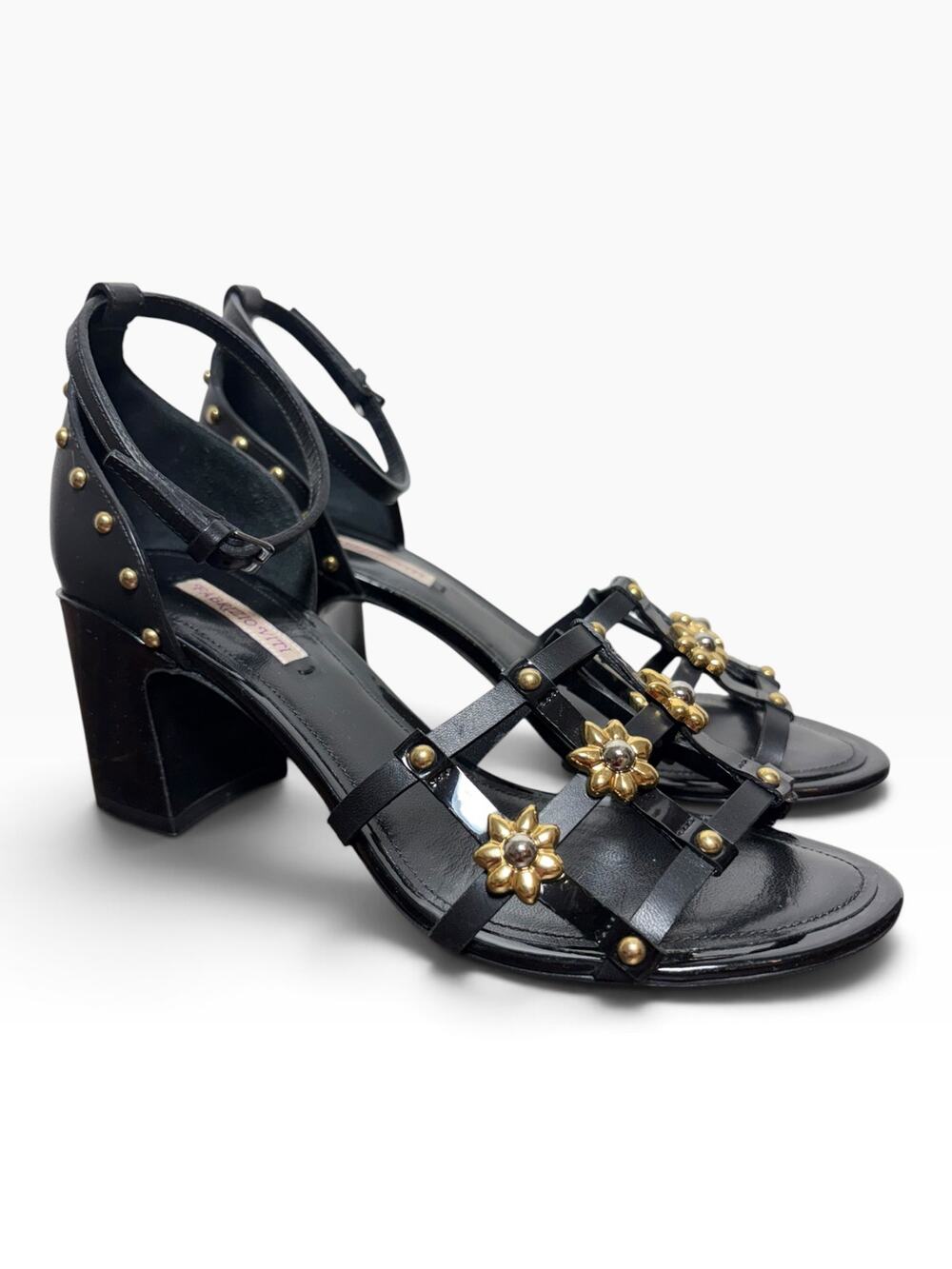 Fabrizio Viti Black Leather Gold Floral Studded Cage Sandals Heels 37